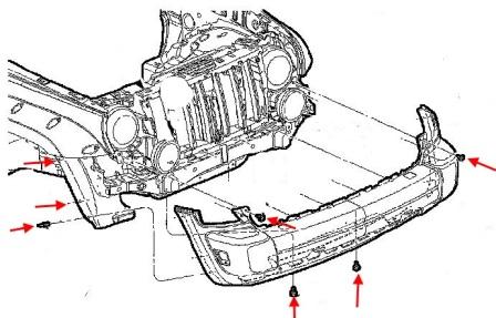 Montageschema für die vordere Stoßstange Jeep Cherokee KJ, Liberty (2001-2007)