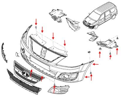 схема крепления переднего бампера Lada (ВАЗ) Largus