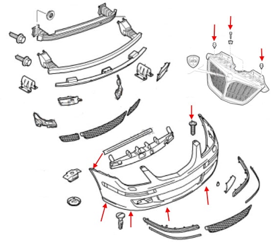 Схема крепления переднего бампера Lancia Phedra (2002-2010)