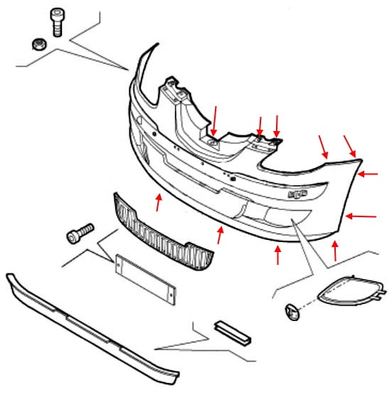 Схема крепления переднего бампера Lancia Ypsilon II (843) (2003-2011)