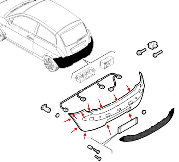 Схема крепления заднего бампера Lancia Ypsilon II (843) (2003-2011)