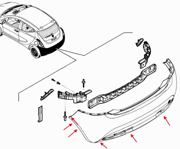 Rear bumper mounting scheme Lancia (Chrysler) Ypsilon III (846) (2011+)