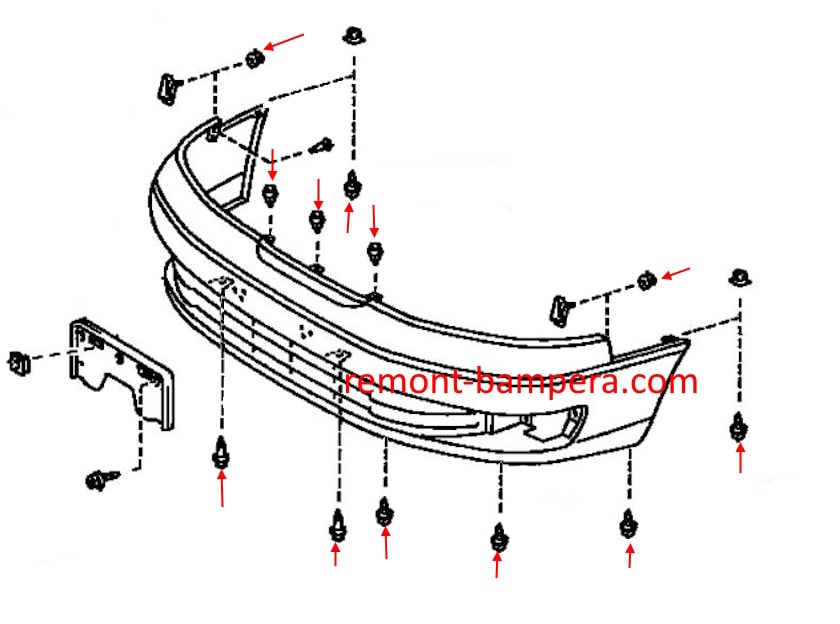 Lexus ES III front bumper mounting diagram (1997-2001)