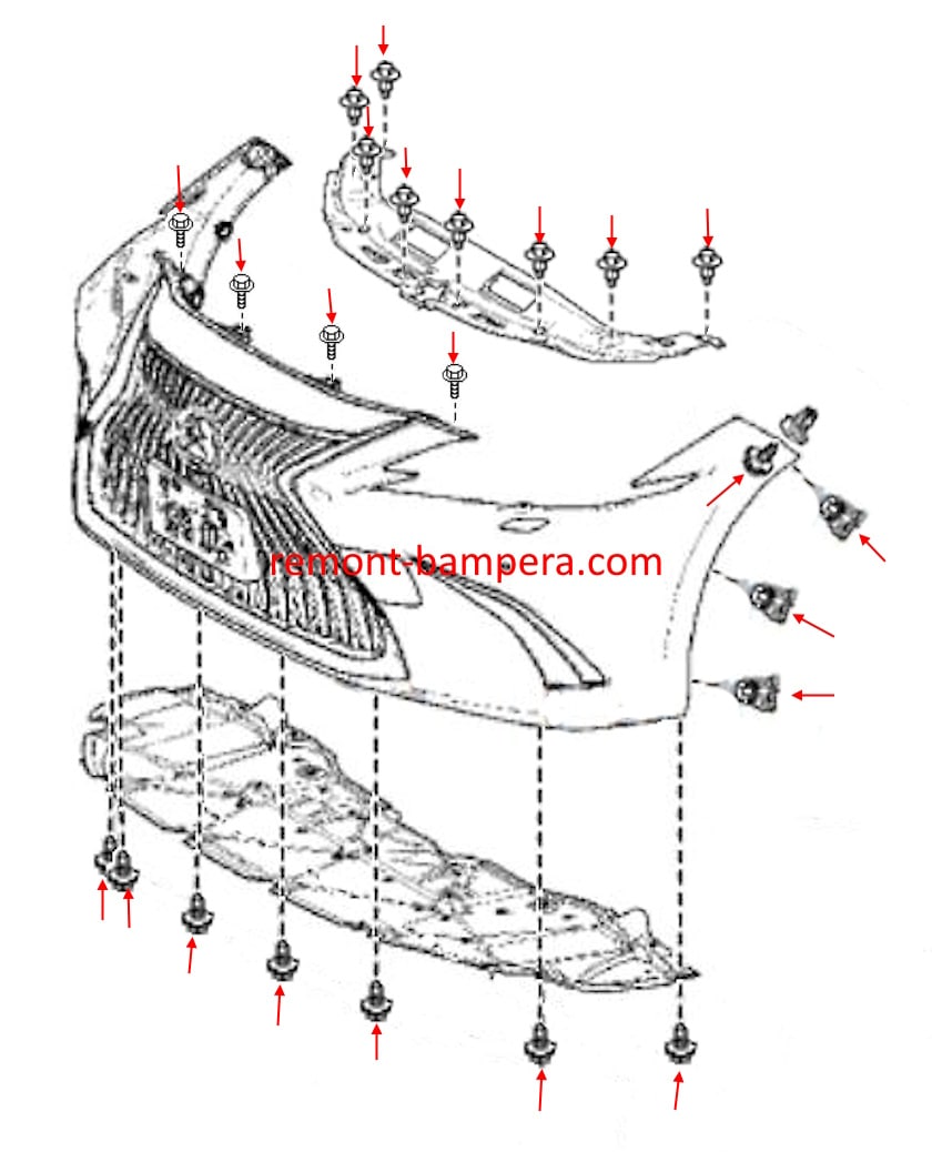 Lexus ES VII (2019+) front bumper mounting diagram