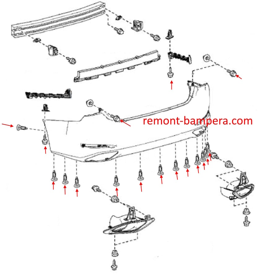 Lexus ES VII (2019+) rear bumper mounting diagram