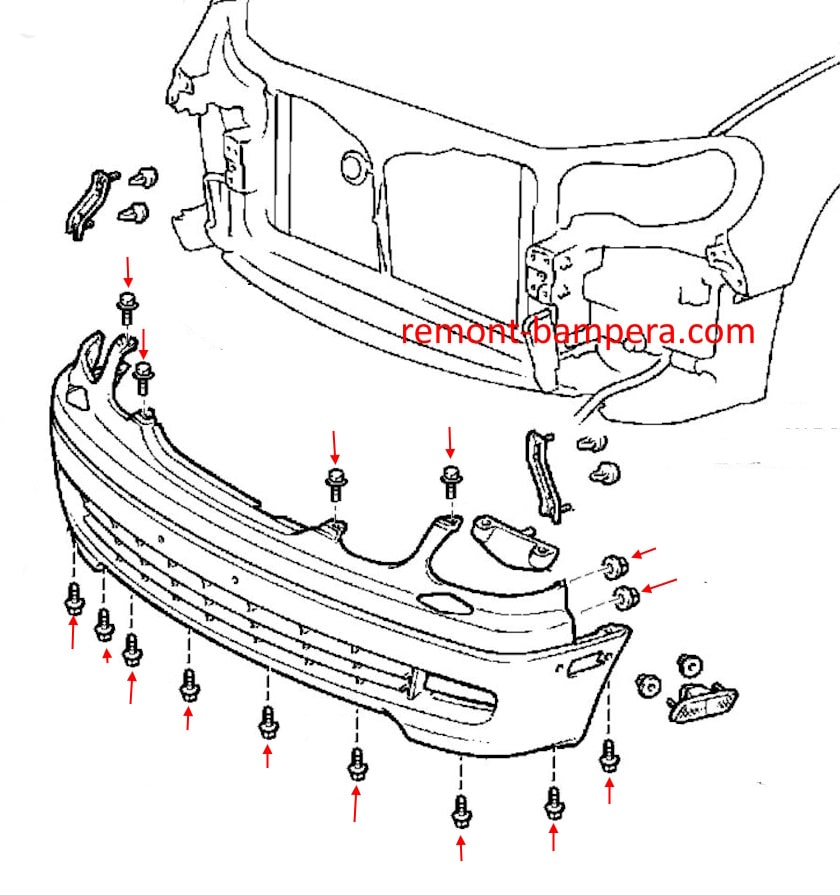 Lexus GS II (1998-2005) front bumper mounting diagram