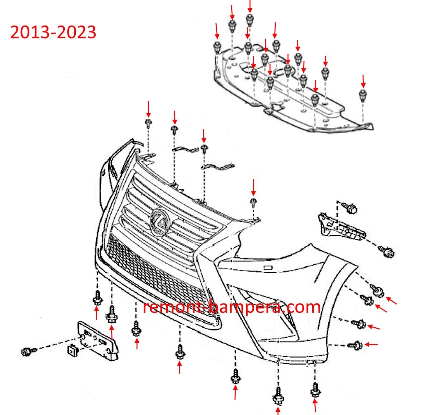 Front bumper mounting diagram for Lexus GX 460 (2010-2023)