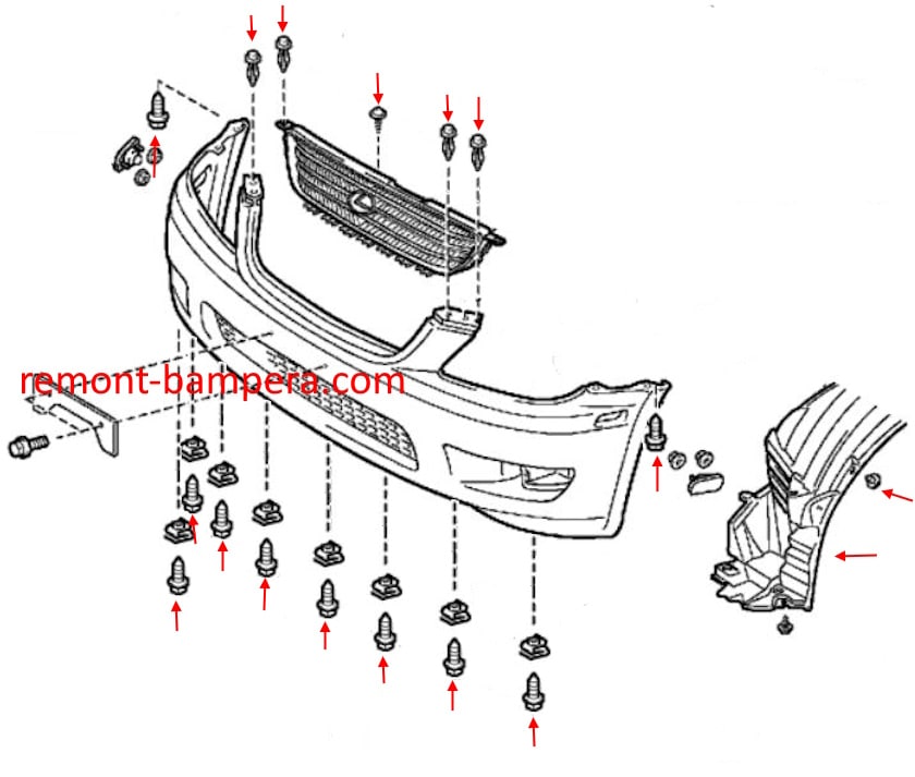 Lexus IS I front bumper mounting diagram (1999-2005)