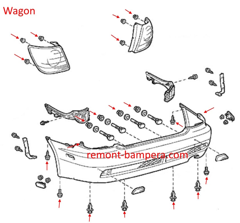 Lexus IS I rear bumper mounting diagram (1999-2005)