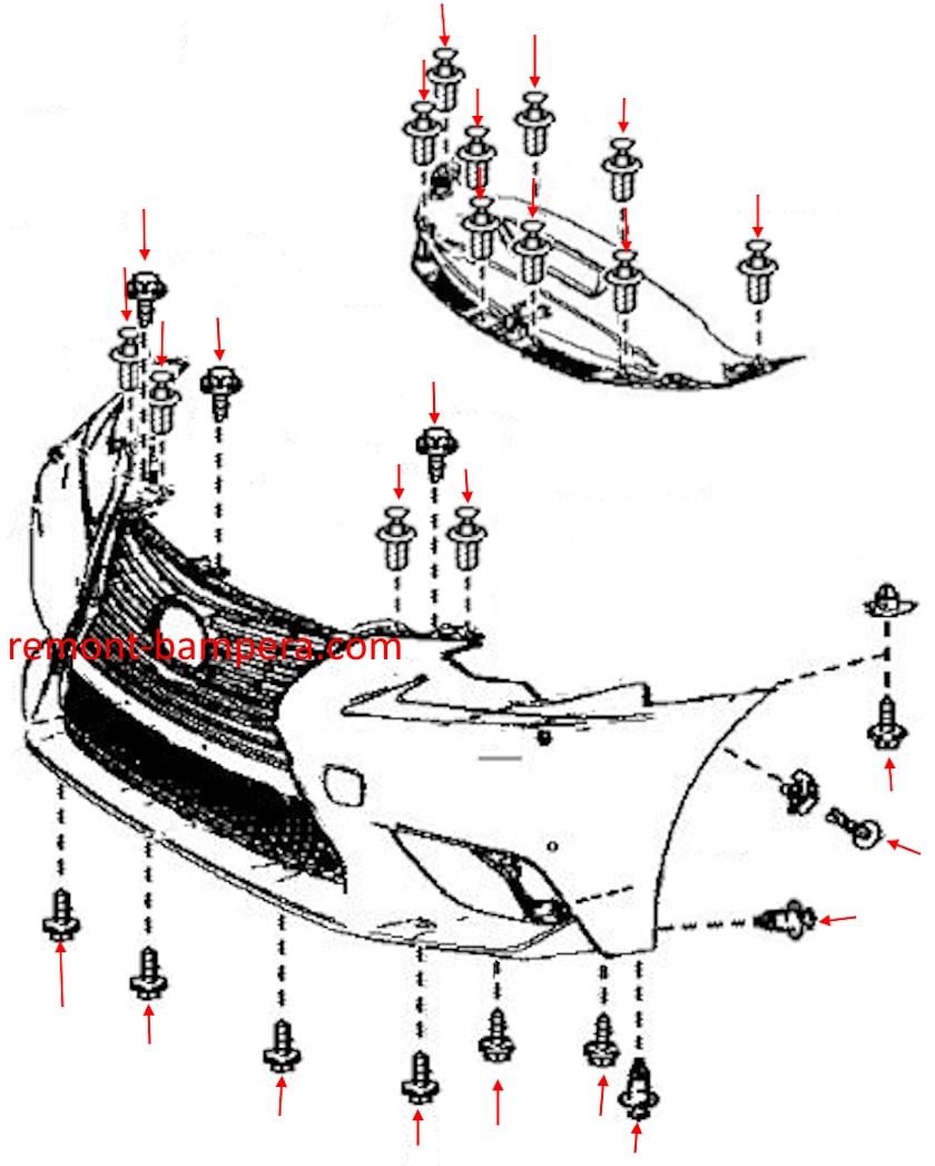 Schema di montaggio del paraurti anteriore Lexus IS III (2014-2024)