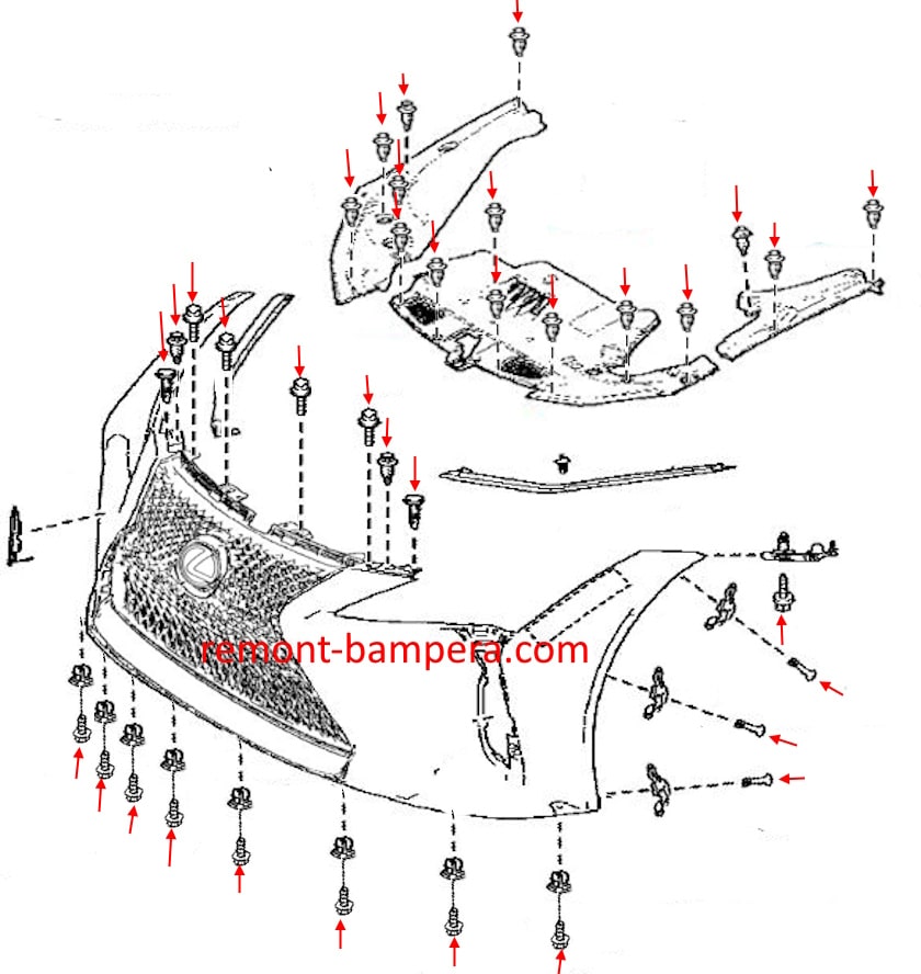 Lexus LC500 (2018-2024) front bumper mounting diagram