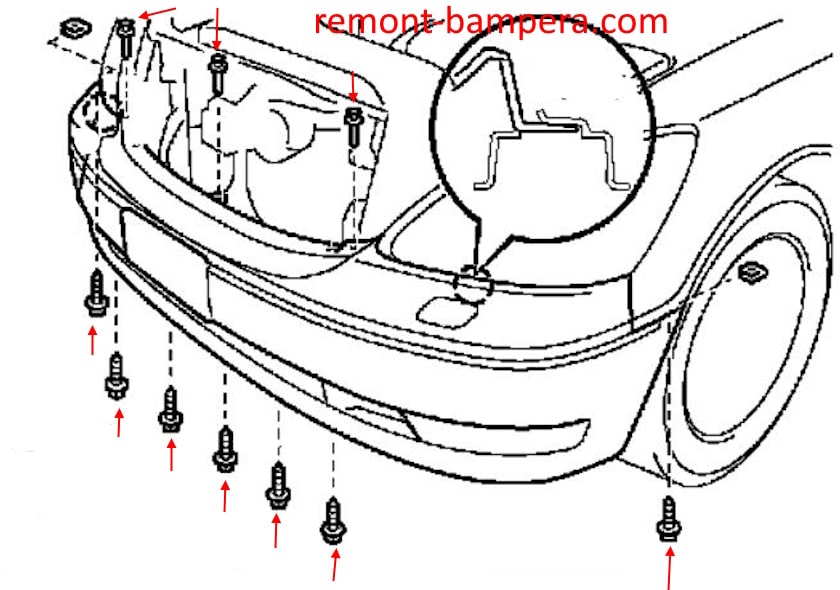 Lexus LS 430 (2001-2006) front bumper mounting diagram