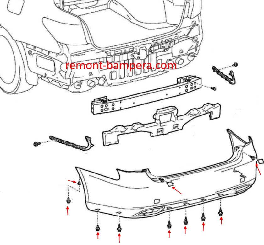 Rear bumper mounting diagram for Lexus LS IV XF40 (2007-2017)