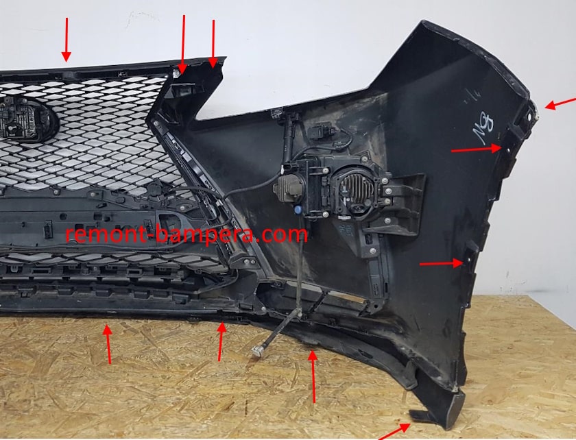 posizioni di montaggio per il paraurti anteriore Lexus RX 450h (2016-2022)