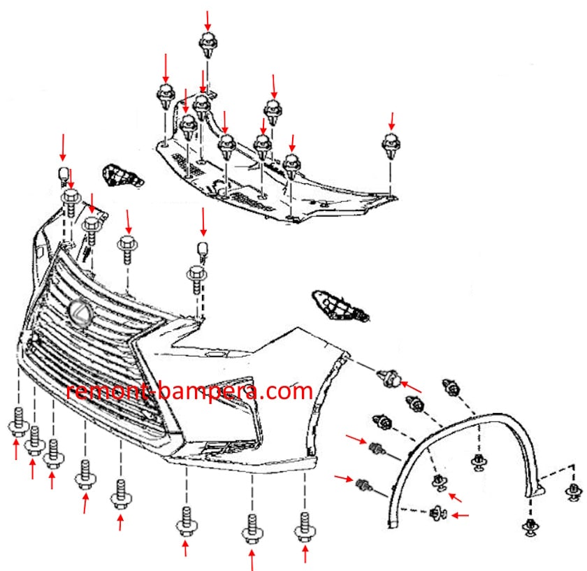 Schema di montaggio del paraurti anteriore per Lexus RX 450h (2016-2022)