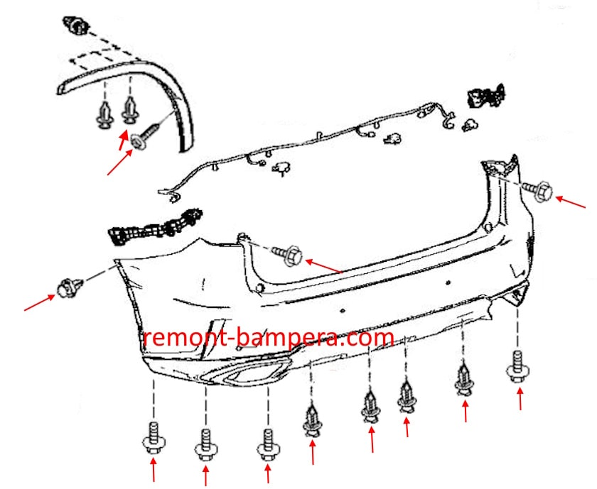 Schema di montaggio del paraurti posteriore per Lexus RX 450h (2016-2022)