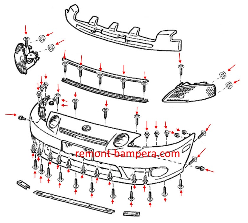 Front bumper mounting diagram for Lexus SC 300 (1992-2000)