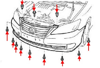 the scheme of fastening of the front bumper of the Lexus ES 5 (2006-2012)