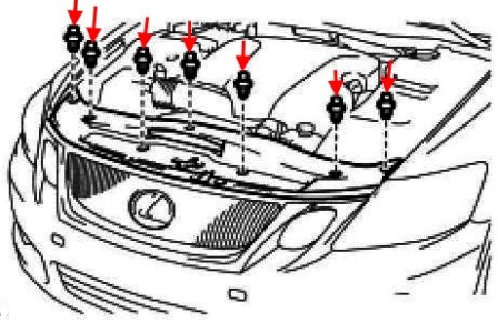 the scheme of fastening of the front bumper Lexus GS 3 (2005-2012)