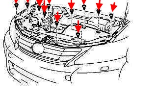 the scheme of fastening of the front bumper of the Lexus HS 250h