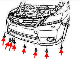 the scheme of fastening of the front bumper of the Lexus HS 250h