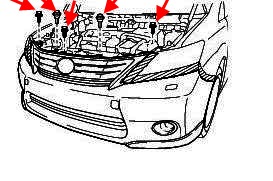 the scheme of fastening of the front bumper of the Lexus HS 250h