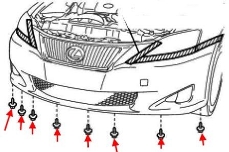 the scheme of fastening of the front bumper Lexus IS 2 (2005-2013)