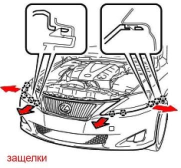 the scheme of fastening of the front bumper Lexus IS 2 (2005-2013)