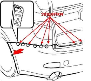 the scheme of fastening of the rear bumper Lexus IS 2 (2005-2013)