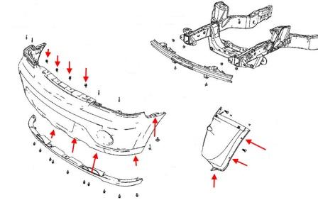 Montageplan für die vordere Stoßstange des Lincoln Aviator (2002-2005)