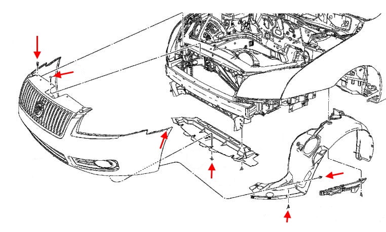 Schéma de montage du pare-chocs avant Mercury Milan