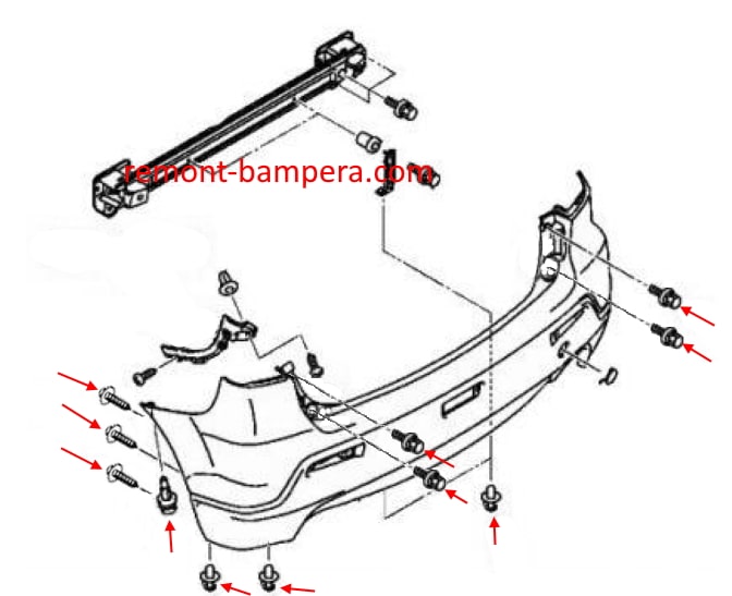 Schéma de montage du pare-chocs arrière Mitsubishi ASX I (2010-2023)