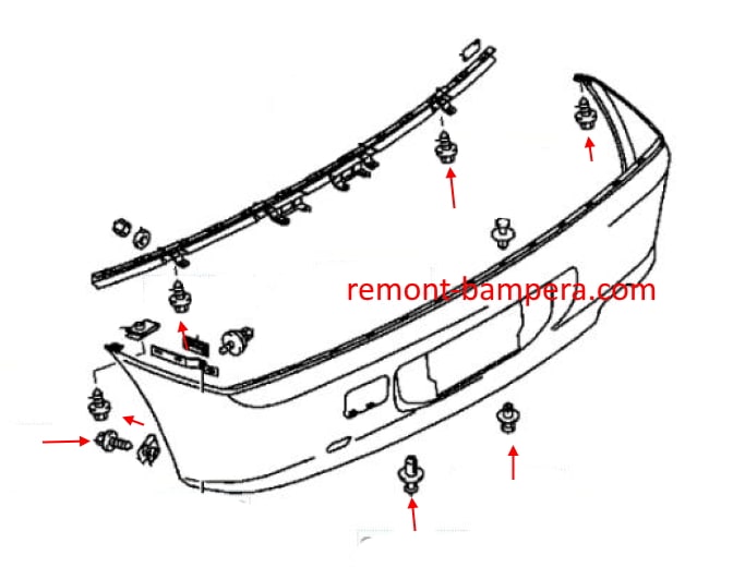 Montageschema für die Heckstoßstange des Mitsubishi Colt V CJ (1995-2003)