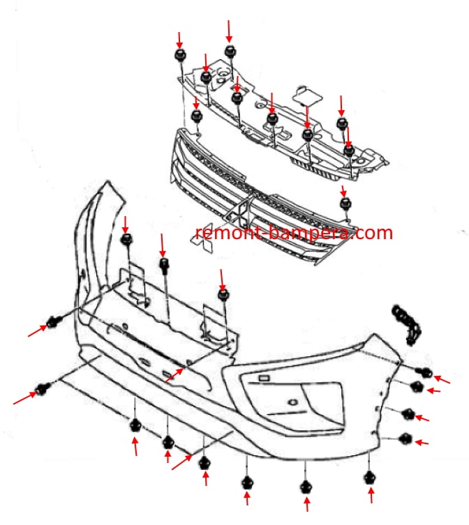 Montageschema für die Frontstoßstange des Mitsubishi Eclipse Cross I (2017–2023)