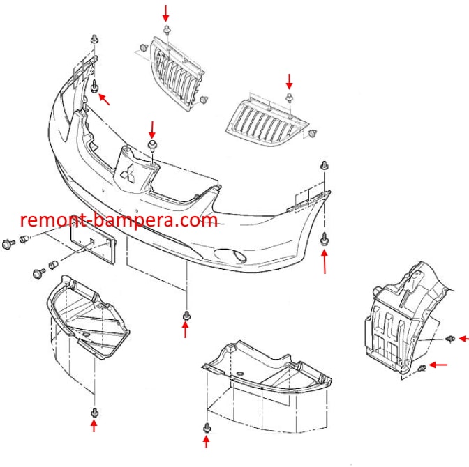 Schéma de montage du pare-chocs avant Mitsubishi Galant IX (2003-2012)