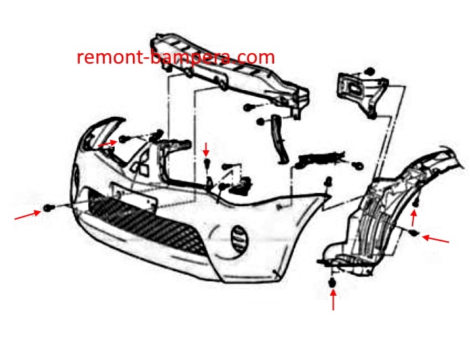 Montageschema für die vordere Stoßstange des Mitsubishi L200/Triton IV (2006–2015).