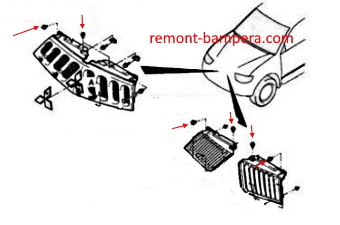 Montageschema für den Kühlergrill des Mitsubishi L200/Triton IV (2006–2015).