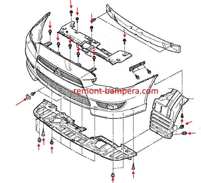 Montageschema für die Frontstoßstange des Mitsubishi Lancer (2007–2017)