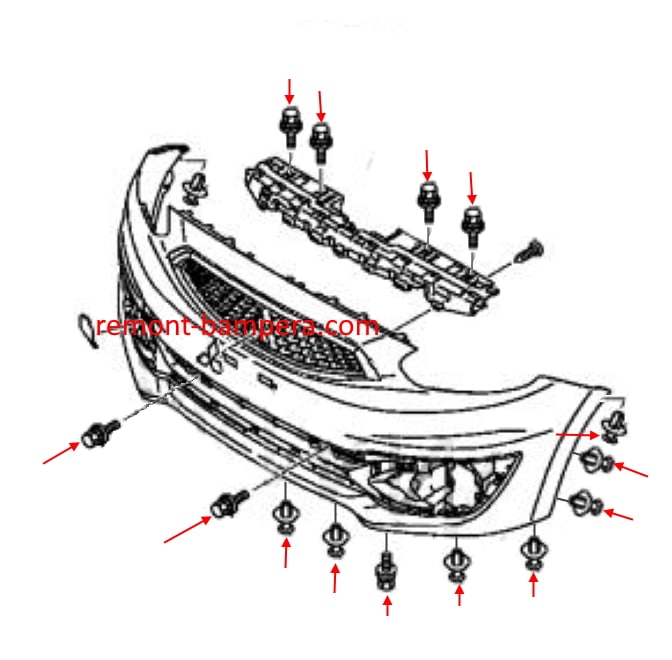 Montageschema für die vordere Stoßstange des Mitsubishi Mirage VI (2012–2023).