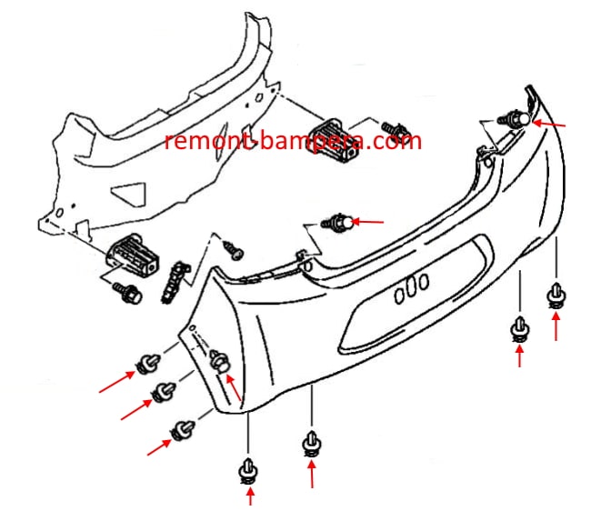 Montagediagramm für die hintere Stoßstange des Mitsubishi Mirage VI (2012–2023).