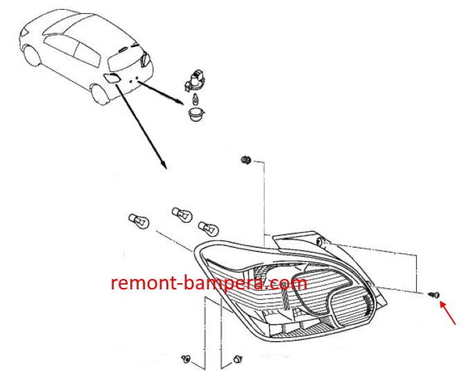 Montagediagramm für das Rücklicht des Mitsubishi Mirage VI (2012–2023).