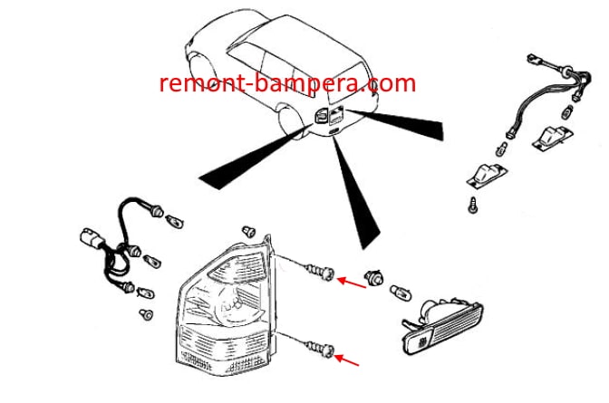 Montagediagramm für Rücklichter Mitsubishi Pajero/Montero III (1999–2006).