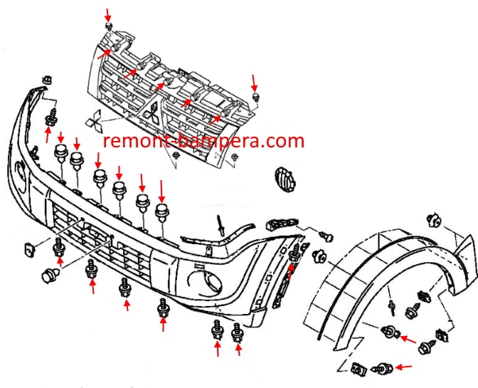 Montageschema für die vordere Stoßstange des Mitsubishi Pajero/Montero IV (2006–2023).