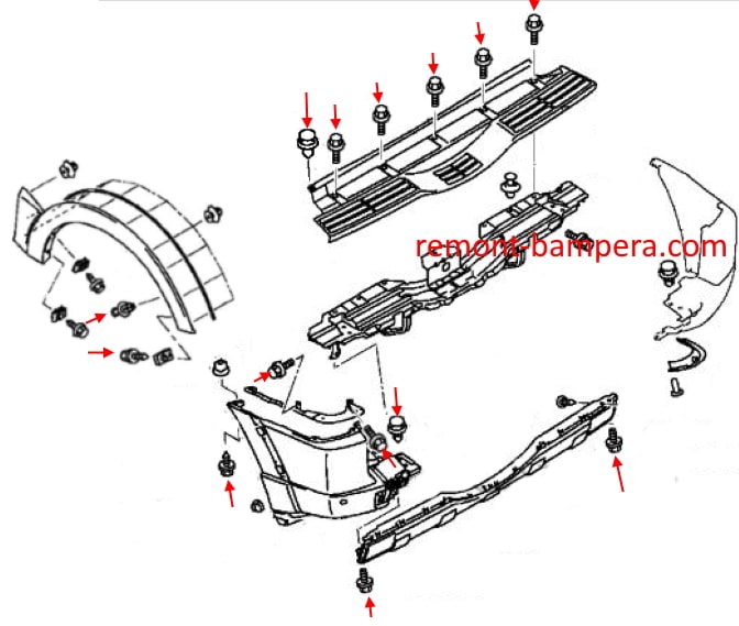 Mitsubishi Pajero/ Montero IV (2006-2023) Montageschema für die hintere Stoßstange