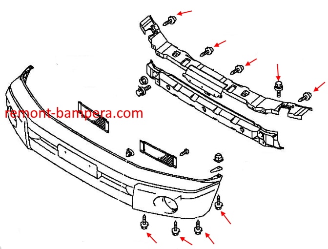 Montageschema für die Frontstoßstange des Mitsubishi Pajero Pinin / Montero iO (1998-2007)