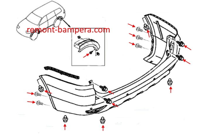 Схема крепления заднего бампера Mitsubishi Pajero / Montero Sport II (2008-2016)