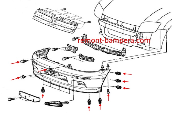 Montagediagramm für die vordere Stoßstange des Mitsubishi Space Runner (RVR) II (1999–2003).