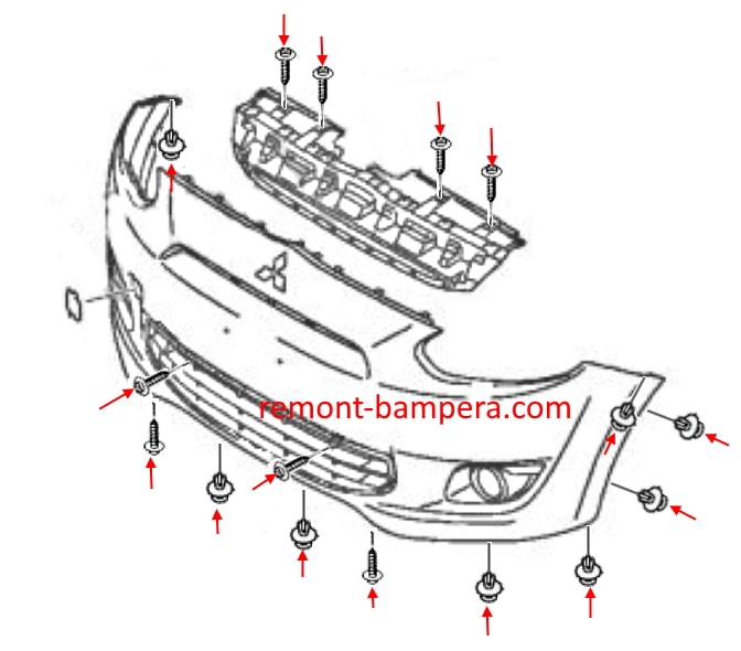 Montagediagramm für die vordere Stoßstange des Mitsubishi Space Star II (2012–2023).
