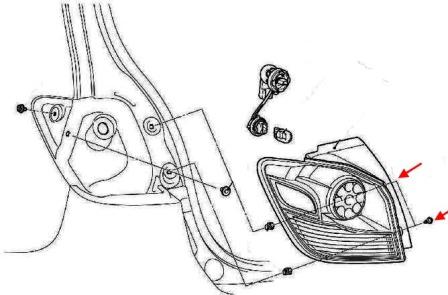Schéma de fixation du feu arrière Mitsubishi ASX (Outlander Sport)