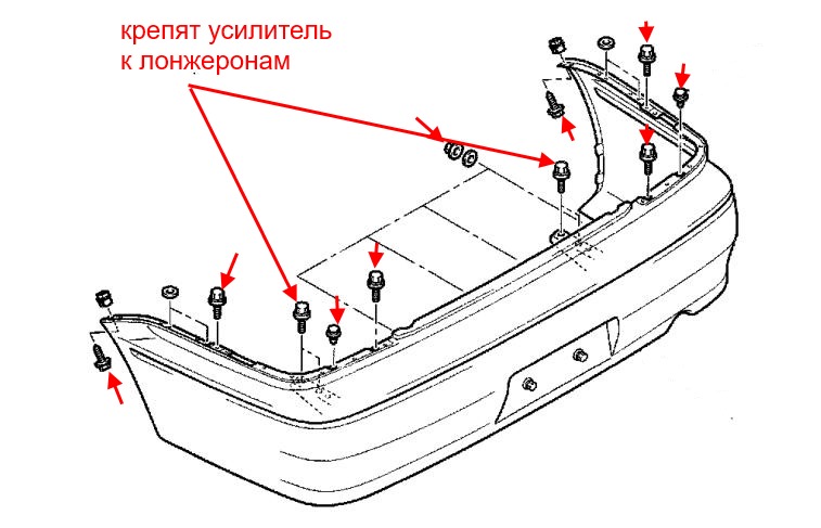 Diagrama de montaje del parachoques trasero Mitsubishi Lancer (1995-2007)